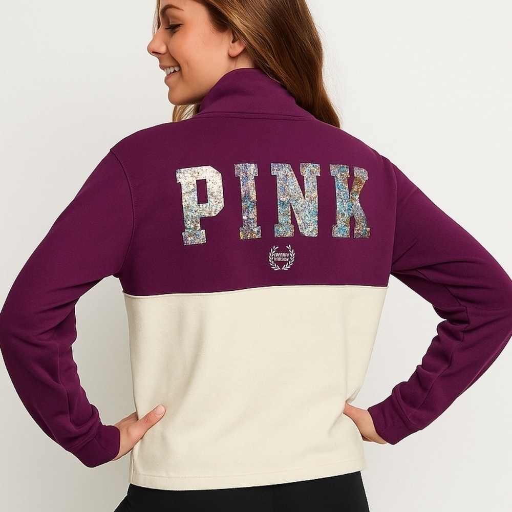 Victoria’s Secret PINK Sequin Logo Half Zip Pullover Sweatshirt Medium